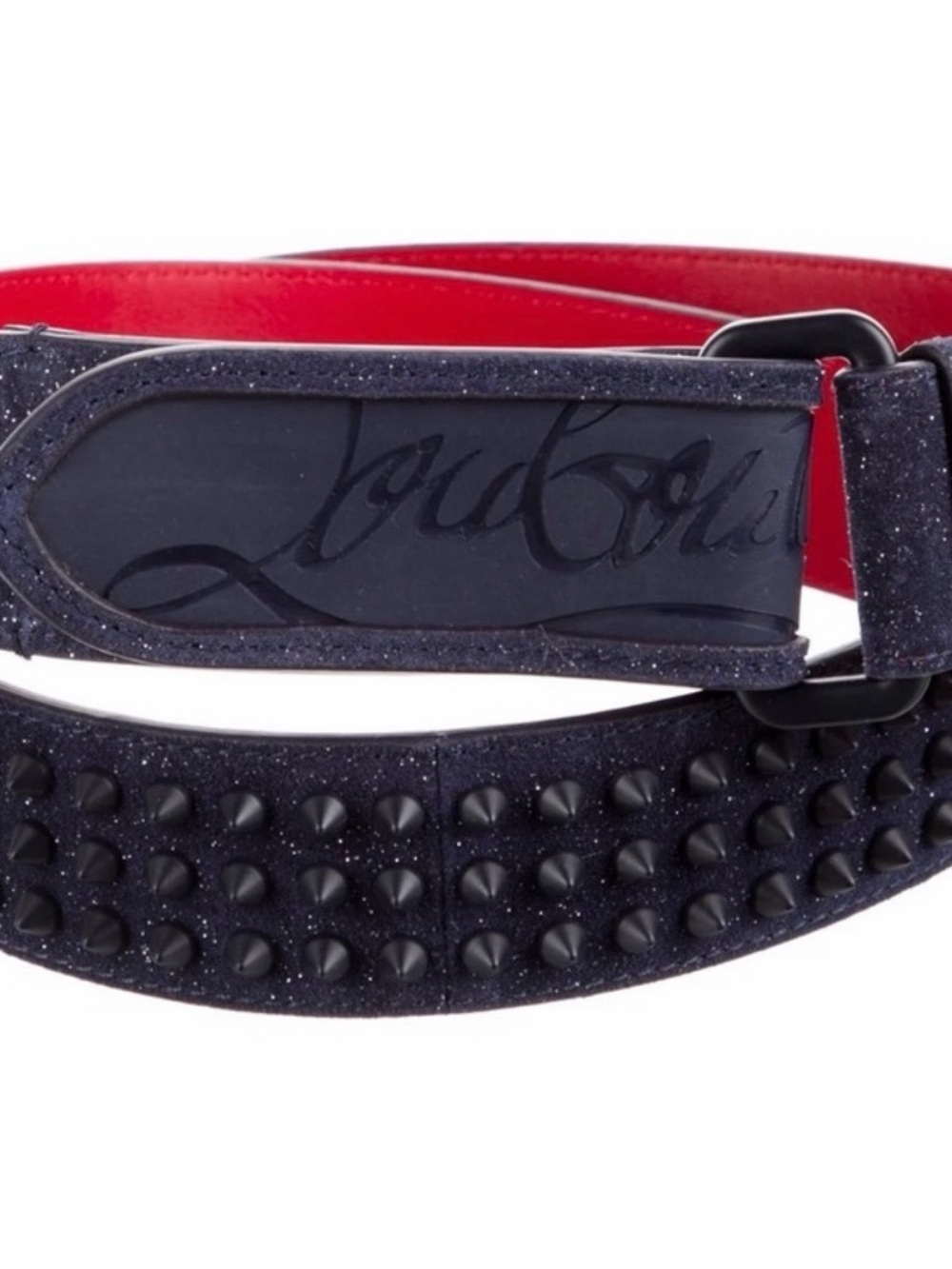 Christian Louboutin Loubi Spike Glitter Belt features ink-blue glitter-finished.